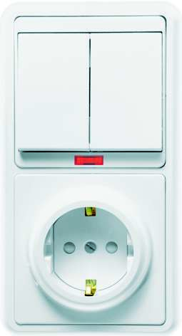 БЭЛЛА Блок БКВР-210 Выключатель двухклавишный с подсветкой + розетка с заземлением со шторками белый | код 5837 | Кунцево-Электро