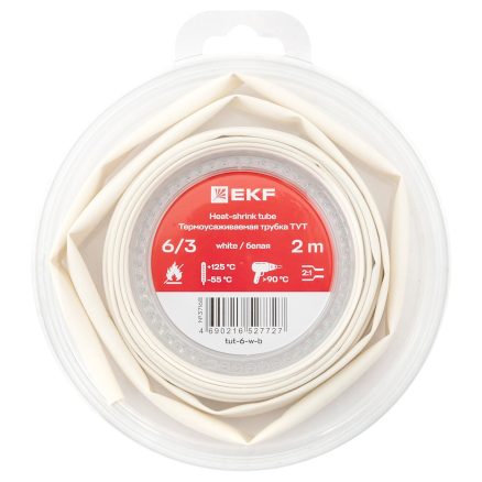 Термоусаживаемая трубка ТУТ нг 6/3 белая ролик 2 м EKF | код tut-6-w-b | EKF Термоусаживаемая трубка ТУТ нг 6/3 белая ролик 2 м EKF | код tut-6-w-b | EKF
