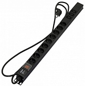 Hyperline SHE-9SH-3IEC-S-2.5EU Блок розеток, вертикальный, 9 розеток Schuko, 3 розетки IEC320 C13, выключатель с подсветкой, кабель питания 2.5м (3х1.5мм2) с вилкой Schuko 16А, 250В, 723x44.4x44.4 мм (ДхШхВ), корпус алюминий, черный | код 397070 (0)