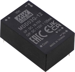 Источник питания DC-DC, 3Вт, вход 12,24В (9…36В) DC, потребление без/под нагр. 20мА/316мА, выход ±5В/±30…300мА, КПД 80%, ёмкостная нагр. макс. ±220мкф, изоляция 6000В DC/4200В AC, в корпусе 31.8х20.3х12.2мм, -40…+90С | код MDD03F-05 | MeanW Источник питания DC-DC, 3Вт, вход 12,24В (9…36В) DC, потребление без/под нагр. 20мА/316мА, выход ±5В/±30…300мА, КПД 80%, ёмкостная нагр. макс. ±220мкф, изоляция 6000В DC/4200В AC, в корпусе 31.8х20.3х12.2мм, -40…+90С | код MDD03F-05 | MeanW