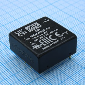 Источник питания DC-DC, 6Вт, вход 24В (9…36В), потребление без/под нагр. 8мА/268мА, выход 3.3В/1.5А, ёмкостная нагр. макс. 1800мкф, изоляция 1500В DC, в корпусе 25.4х25.4х11.7мм, -40С…+85С | код SKMW06F-03 | MeanWell Источник питания DC-DC, 6Вт, вход 24В (9…36В), потребление без/под нагр. 8мА/268мА, выход 3.3В/1.5А, ёмкостная нагр. макс. 1800мкф, изоляция 1500В DC, в корпусе 25.4х25.4х11.7мм, -40С…+85С | код SKMW06F-03 | MeanWell