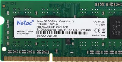 Память DDR3L 4GB 1600MHz Netac NTBSD3N16SP-04 Basic RTL PC3-12800 CL11 SO-DIMM 204-pin 1.35В single rank Ret | код 1740134 | NETAC Память DDR3L 4GB 1600MHz Netac NTBSD3N16SP-04 Basic RTL PC3-12800 CL11 SO-DIMM 204-pin 1.35В single rank Ret | код 1740134 | NETAC