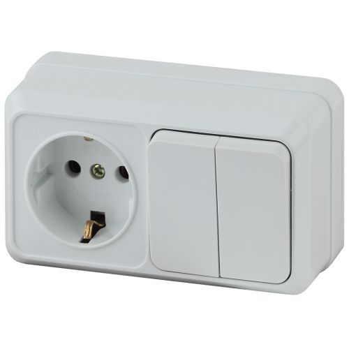 Блок розетка с выключателем Intro Quadro 2-702-01 двойным горизонтальный 10(16)А-250В, IP20, ОУ, белый | код Б0053873 | ЭРА