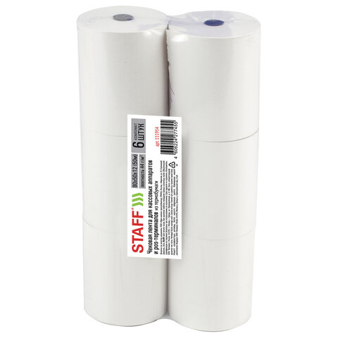Чековая лента ТЕРМОБУМАГА 80 мм (диаметр 56 мм, длина 50 м, втулка 12 мм), КОМПЛЕКТ 6 шт., 44 г/м2, STAFF, 111954 | код 111954 | STAFF Чековая лента ТЕРМОБУМАГА 80 мм (диаметр 56 мм, длина 50 м, втулка 12 мм), КОМПЛЕКТ 6 шт., 44 г/м2, STAFF, 111954 | код 111954 | STAFF
