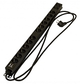 Hyperline SHE-12SH-2IEC-2.5EU Блок розеток, вертикальный, 12 розеток Schuko, 2 розетки IEC320 C13, кабель питания 2.5м (3х1.5мм2) с вилкой Schuko 16A, 250В, 730x44.4x44.4мм (ДхШхВ), корпус алюминий, черный | код 396983 | Hyperline