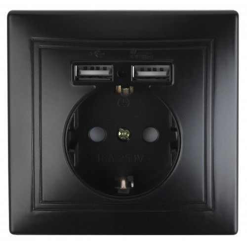 Розетка Intro Plano 1-410-05 с заземлением 2P+E Schuko со шторками, 16А-250В + 2хUSB 5В-2,1А, IP20, СУ, антрацит | код Б0053946 | ЭРА