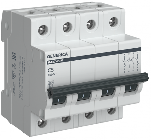 Авт. выкл. ВА47-29М 4P 5А 4,5кА C GENERICA | код MVA21-4-005-C-G | GENERICA by IEK