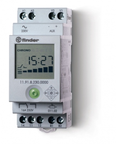 Фотореле модульное с фотоэлементом 011.02, цифровое реле времени, монтаж на рейку 35мм, 1СO 16A + 1доп.выход (для 19.91), питание 230В АC, настройка чувствит. 1…150люкс, ширина 35мм, степень защиты: фотореле IP20, фотоэлемент IP54, упаковка 1шт. Код товар