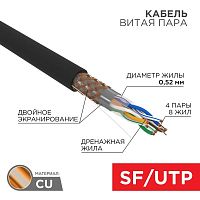 Кабель витая пара SF/UTP 4х2х0.51 кат.5е медь наружн. прокл. черн. 305м | код 01-0344 | Rexant
