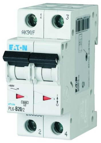 Автоматический выключатель 20А, кривая отключения С, 2 полюса, откл. способность 6 кА, PL6-C20/2 | код 286568 | EATON Автоматический выключатель 20А, кривая отключения С, 2 полюса, откл. способность 6 кА, PL6-C20/2 | код 286568 | EATON