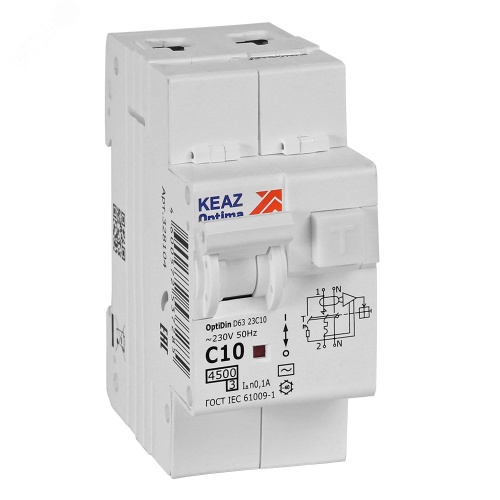 Выключатель автоматический дифференциального тока АВДТ с защитой от сверхтоков 2П 10А 100мА AC 4,5кА OptiDin D63-23C10-AC-У3 | код 328104 | КЭАЗ Выключатель автоматический дифференциального тока АВДТ с защитой от сверхтоков 2П 10А 100мА AC 4,5кА OptiDin D63-23C10-AC-У3 | код 328104 | КЭАЗ