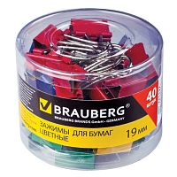 Зажимы для бумаг BRAUBERG, КОМПЛЕКТ 40 шт., 19 мм, на 60 листов, цветные, в пластиковом цилиндре, 221127 | код 221127 | BRAUBERG