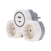 Двойник электрический (разветвитель) 16А с/з + USB-A + USB-C с защитными шторками, белый REXANT | код 11-1253 | REXANT