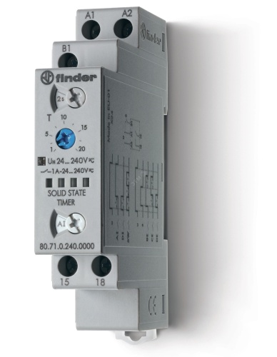 Таймер модульный мультифункциональный (AI DI SW BE CE DE) 24…240В AC/DC выход - твердотельное реле 1NO 1А 17.5мм регулировка времени 0.1с…24ч IP20 | код 807102400000 | FINDER