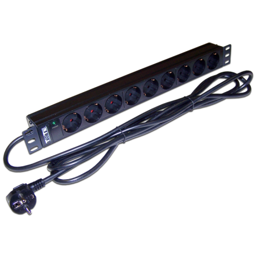 Блок розеток 19, 1-фазный без выключателя, 16A / 250V, 9xSchuko, шнур 3.0 м, вилка Schuko | код TWT-PDU19-16A9P-3.0 | TWT