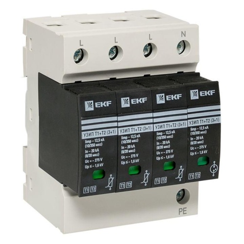 Устройство защиты от импульсных перенапряжений Т1+Т2, Iimp-12,5kA, In-20kA, Uc-275В, 3+1 PROxima | код OV12-31-506 | EKF Устройство защиты от импульсных перенапряжений Т1+Т2, Iimp-12,5kA, In-20kA, Uc-275В, 3+1 PROxima | код OV12-31-506 | EKF