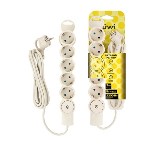 Фильтр сетевой 5х3м с/з с выкл 2кВт 10А/2 сл. кость | код 32572 7 | Duwi Фильтр сетевой 5х3м с/з с выкл 2кВт 10А/2 сл. кость | код 32572 7 | Duwi