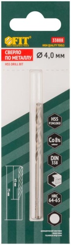 Сверла по металлу HSS с добавкой кобальта 8% Профи ( М42 ) в блистере 4.0х75 мм ( 1 шт.) | код 33888 | FIT фото 3