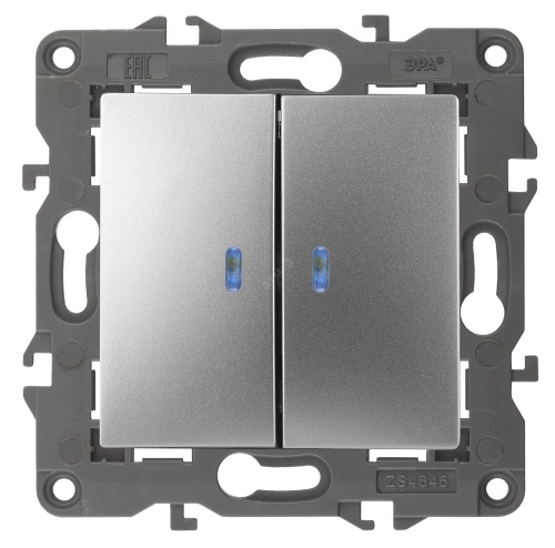 Выключатель двойной с подсветкой, 10АХ-250В, Эра Elegance, алюминий,14-1105-03 | код Б0034239 | ЭРА