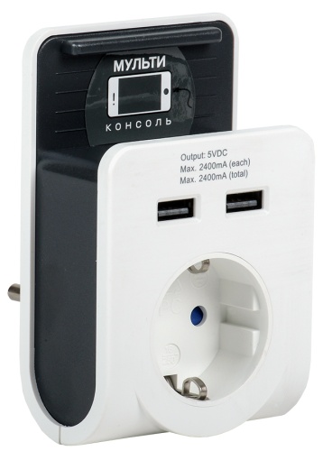 Адаптер Т-02/01 1 место 2P+PE 16А 2хUSB 2,4А с подставкой белый | код WTP11-16-01-Z-K01 | IEK