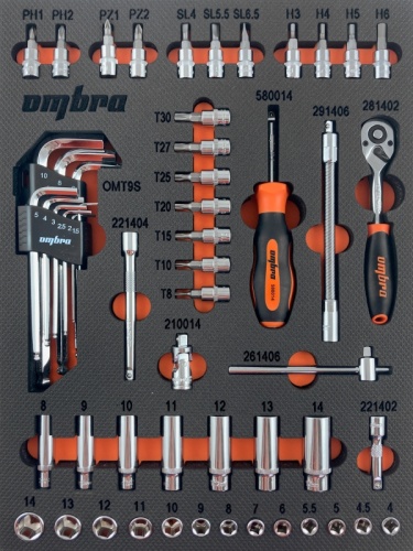 OMT54STE Набор головок торцевых 1/4 DR с аксессуарами в EVA ложементе 280х375 мм, 54 предмета | код OMT54STE | Ombra