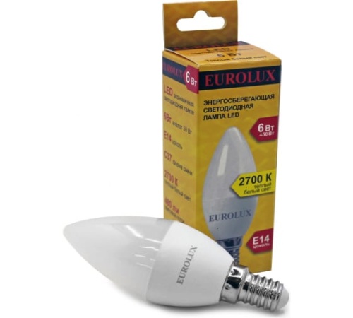 Лампа светодиодная LL-E-C37-6W-230-2,7K-E14 (свеча, 6Вт, тепл., Е14) Eurolux, , Шт | код 76/2/2 | EUROLUX Лампа светодиодная LL-E-C37-6W-230-2,7K-E14 (свеча, 6Вт, тепл., Е14) Eurolux, , Шт | код 76/2/2 | EUROLUX