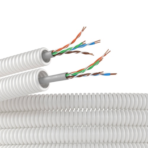 Элетротруба из ПЛЛ не содержит галогенов, гибкая гофрированна д. 16 мм, цвет белый, с кабелем витая пара 5EU/UTP нг(А)-HF, 100 м | код 8EU816100HF | DKC Элетротруба из ПЛЛ не содержит галогенов, гибкая гофрированна д. 16 мм, цвет белый, с кабелем витая пара 5EU/UTP нг(А)-HF, 100 м | код 8EU816100HF | DKC