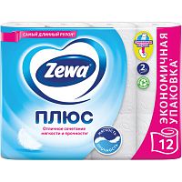 Бумага туалетная бытовая, спайка 12 штук, 2-х слойная (12х23 м), ZEWA Plus, белая, 144090 | код 124051 | ZEWA