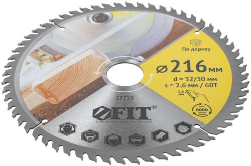 Диск пильный для циркулярных пил по дереву 216х32/30х60T FIT 37755 фото 2