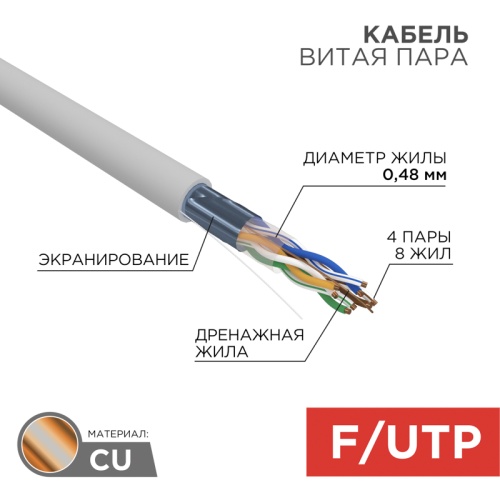 PROconnect Кабель витая пара F/UTP, категория 5, PVC, 4PR, 24AWG, внутренний, серый, 100 м | код 01-0152-100 | PROCONNECT