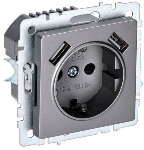 Розетка BRITE РЮш10-1-БрС 16А с USB A+A 2.1А с заземл. защ. шторки сталь | код BR-R14-16-U21-D21-K46 | IEK Розетка BRITE РЮш10-1-БрС 16А с USB A+A 2.1А с заземл. защ. шторки сталь | код BR-R14-16-U21-D21-K46 | IEK