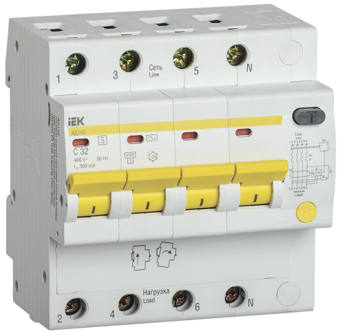 Выключатель автоматический дифференциальный АД14S 4Р 32А 300мА | код MAD13-4-032-C-300 | IEK