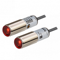 Фотоэлектрический датчик цилиндрический O18 L63мм, материал корпуса: никелированная латунь, на пересечение луча, положение излучателя/приемника фронтальное, красный LED (660нм), расстояние срабатывания: 5м, время срабатывания: 1мс, регулировка чувствител