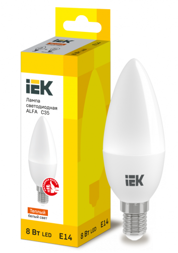 Лампа LED ALFA C35 свеча 8Вт 230В 3000К E14 (6шт) IEK | код LLA-C35-8-230-30-E14-6 | IEK