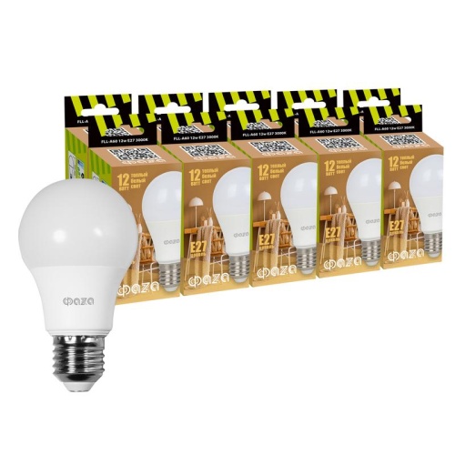 Лампа светодиодная FLL-A60 12Вт A60 3000К тепл. бел. E27 230В 50Гц (уп.10шт) | код 5038332 | ФАZА