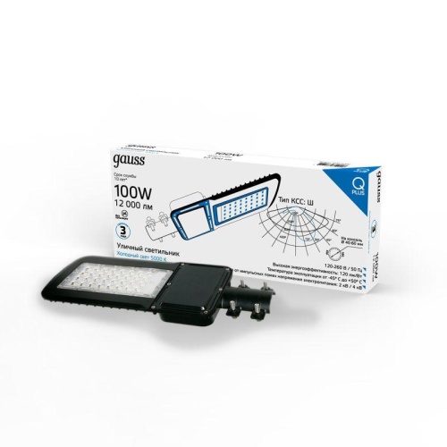 Светильник светодиодный Qplus ДКУ 100Вт 5000К IP65 12000лм 120-260В 455х180х49мм уличный КСС Ш | код 629535300 | Gauss фото 8 Светильник светодиодный Qplus ДКУ 100Вт 5000К IP65 12000лм 120-260В 455х180х49мм уличный КСС Ш | код 629535300 | Gauss фото 8
