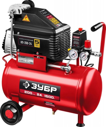 Компрессор поршневой Зубр КП-200-24 Н6 безмасляный 200л/мин 24л 1500Вт красный | код 1407276 | ЗУБР