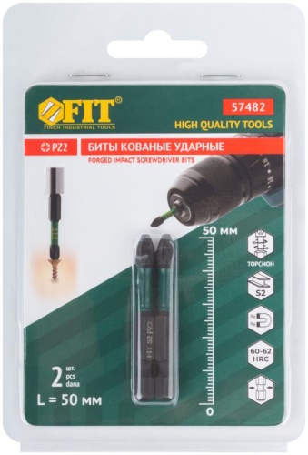 Биты кованые ударные, сталь S2, односторонние 50 мм PZ2, Профи 2 шт., блистер | код 57482 | FIT фото 3