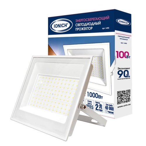 Прожектор светодиодный IONICH 100Вт 6500К IP65 в белом корпусе | код 1490 | Universal