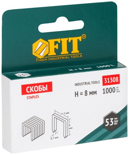 Скобы для степлера закалённые прямоугольные 11.3 мм х 0.7 мм (узкие тип 53) 8 мм, 1000 шт | код 31308 | FIT фото 2