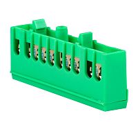 Шина "0" PE (6х9мм) 10 отверстий латунь зеленый изолированный корпус на DIN-рейку PROxima | код sn0-63-10-ig | EKF