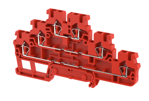 Клемма проходная пружинная 2,5 мм2, трехуровневая, на 6 подключения, красная SQ2.5-3T-RED | код 2102030002 | Elmex Клемма проходная пружинная 2,5 мм2, трехуровневая, на 6 подключения, красная SQ2.5-3T-RED | код 2102030002 | Elmex
