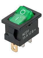 KCD1-101N 12В AC/DC, 1P, 15А, (3с), ON-OFF, черный корпус, зеленая клавиша, LED подсветка, Mini TDМ | код SQ0746-0134 | TDM