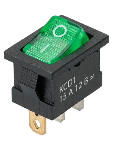 KCD1-101N 12В AC/DC, 1P, 15А, (3с), ON-OFF, черный корпус, зеленая клавиша, LED подсветка, Mini TDМ | код SQ0746-0134 | TDM