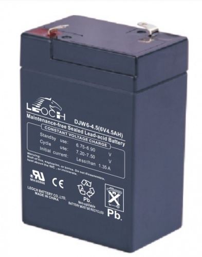 LEOCH DJW 6-4,5 Аккумуляторная батарея, напряжение: 6В, ёмкость: 4,5Ач, клеммы типа: F1, Размеры ВШГ: 106x47x70мм, вес: 0,9кг. Срок службы: 8 лет. | код DJW6-4.5 | LEOCH