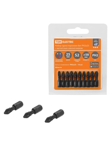 Набор бит PH2x25, односторонних, сталь S2, Е 1/4, намагниченные, торсионные, 10 шт., «Алмаз» TDM | код SQ1019-0439 | TDM