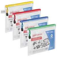 Папка-конверт на молнии МАЛЫЙ ФОРМАТ (238х180 мм), А5, зеленая молния, ПВХ, прозрачная, 0,2 мм, BRAUBERG Segment, 223887 | код 223887 | BRAUBERG