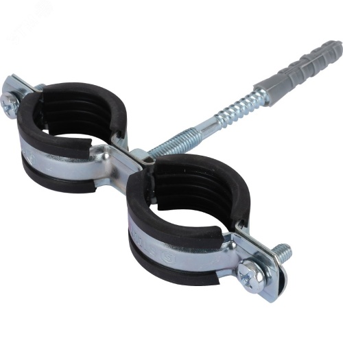 Двойной хомут для труб, комплект хомут+шпилька шуруп +дюбель пластиковый 1'(32-35) | код SAC-0020-200001 | STOUT