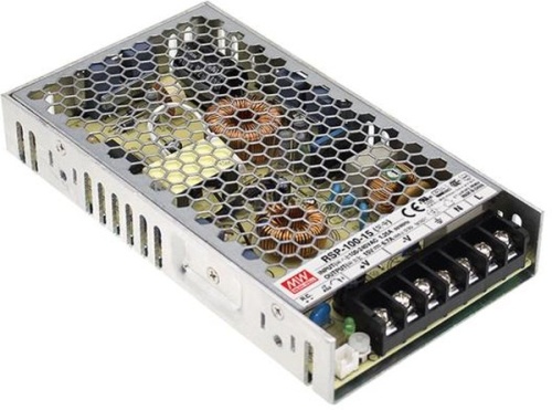 Источник питания AC-DC, 100Вт, ККМ, вход 85…264В AC, 47…63Гц /120…370В DC, выход 15В/6.7A, рег. вых 14.3…16.5В, изоляция 3750В AC, в корпусе 179х99х30мм, -30…+70С | код RSP-100-15 | MeanWell