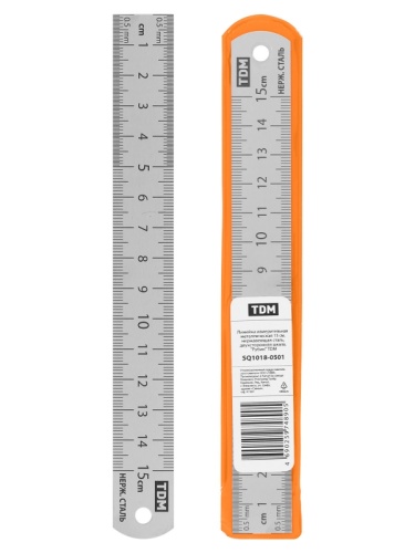 Линейка измерительная металлическая 15 см, нержавеющая сталь, двухсторонняя шкала, Рубин TDM | код SQ1018-0501 | TDM